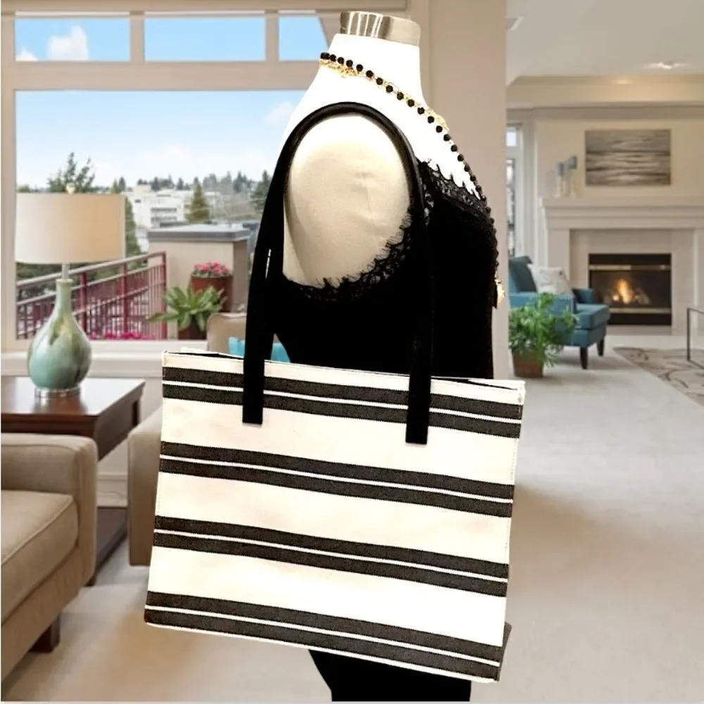 CANVAS TOTE STRIPS CREAM/BLACK WORK, LAPTOP, VACATION, SCHOOL